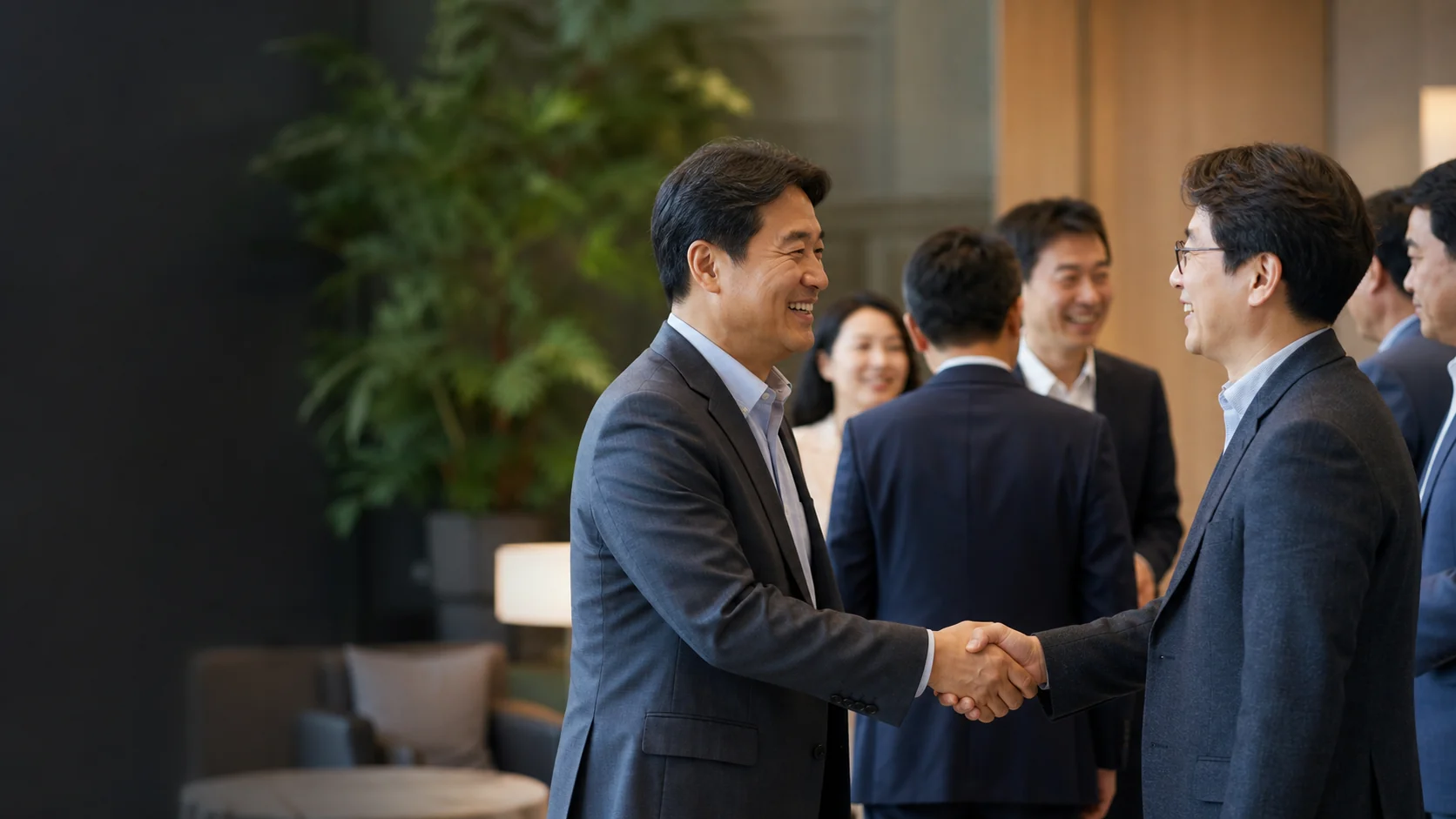 서로 인사하고 악수하는 동문 네트워크